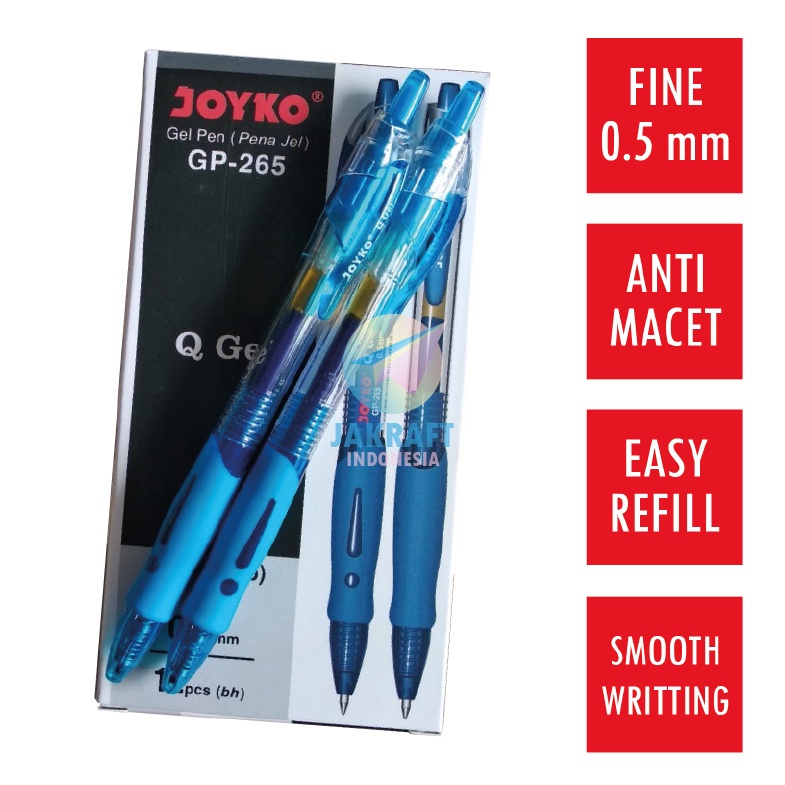 

TERKENAL 12 Pcs Pulpen Gel Pen Klik JOYKO GP265 Q GEL Biru Blue 5 mm Anti Macet Luntur
