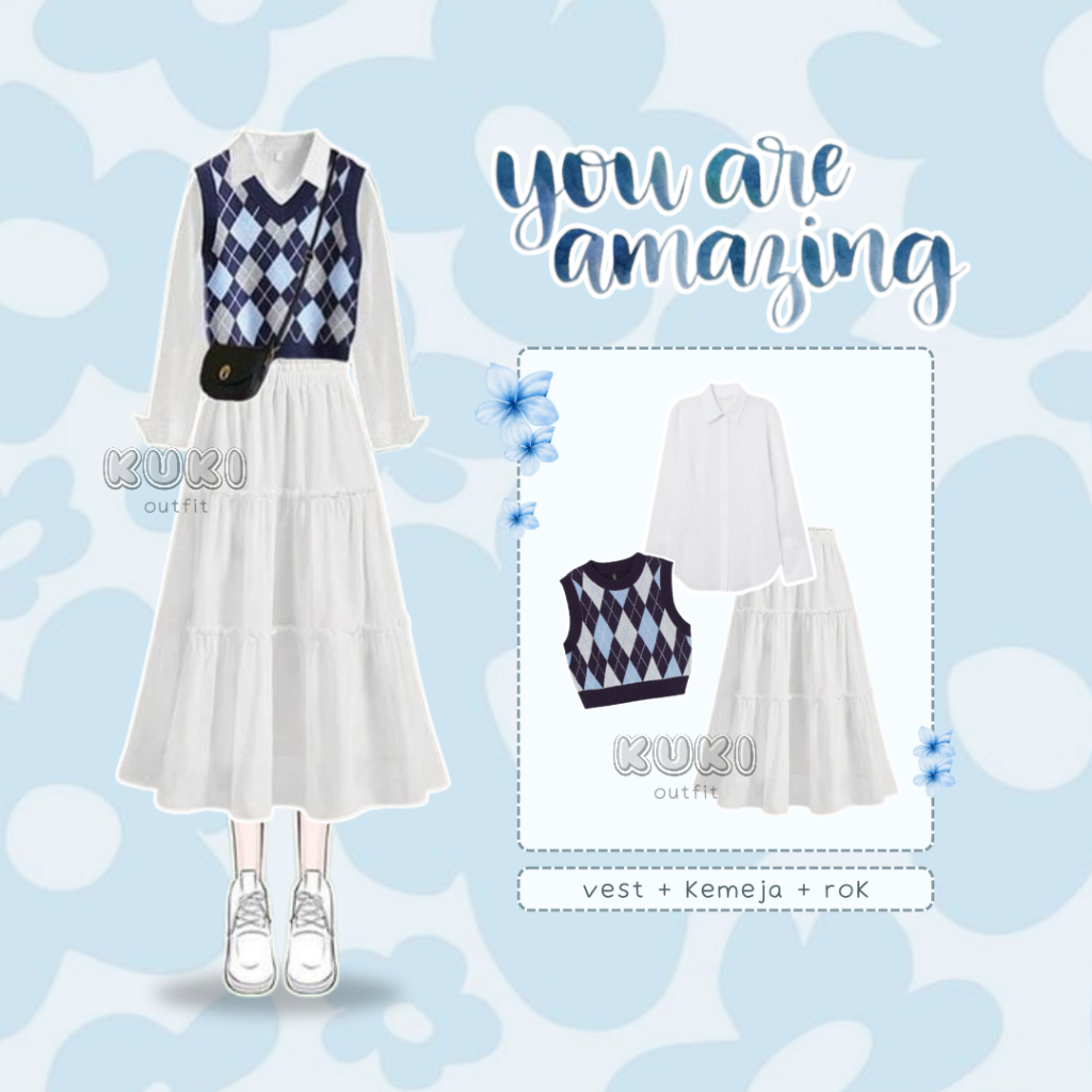 One Set Korean Style Kekinian Rok Hijab OOTD Vest Crop Top Rompi Rajut Korea - KK03