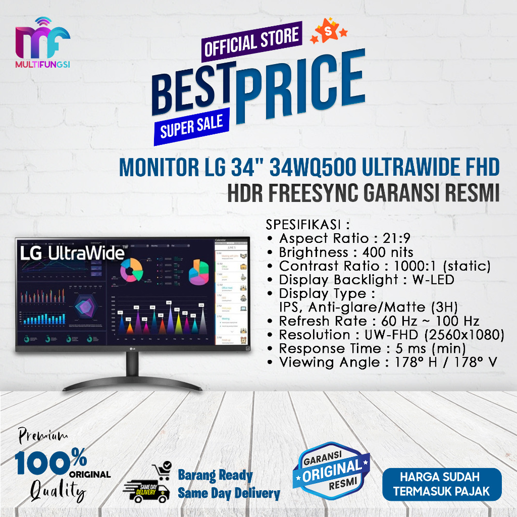 Monitor LG 34" 34WQ500 UltraWide FHD HDR FreeSync Garansi Resmi