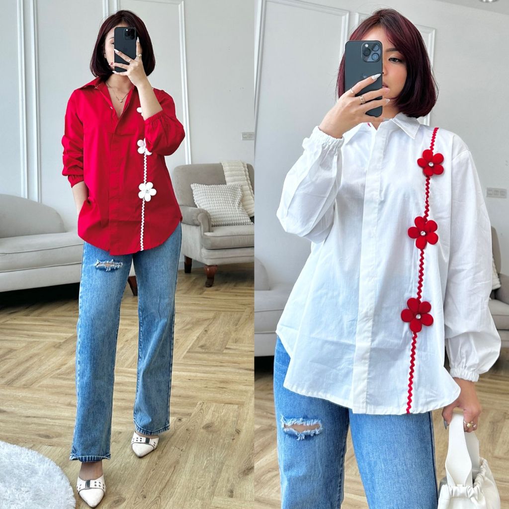 NANDO KEMEJA BUNGA MERAH PUTIH BAHAN KATUN POPLIN TANGAN KARET 5398