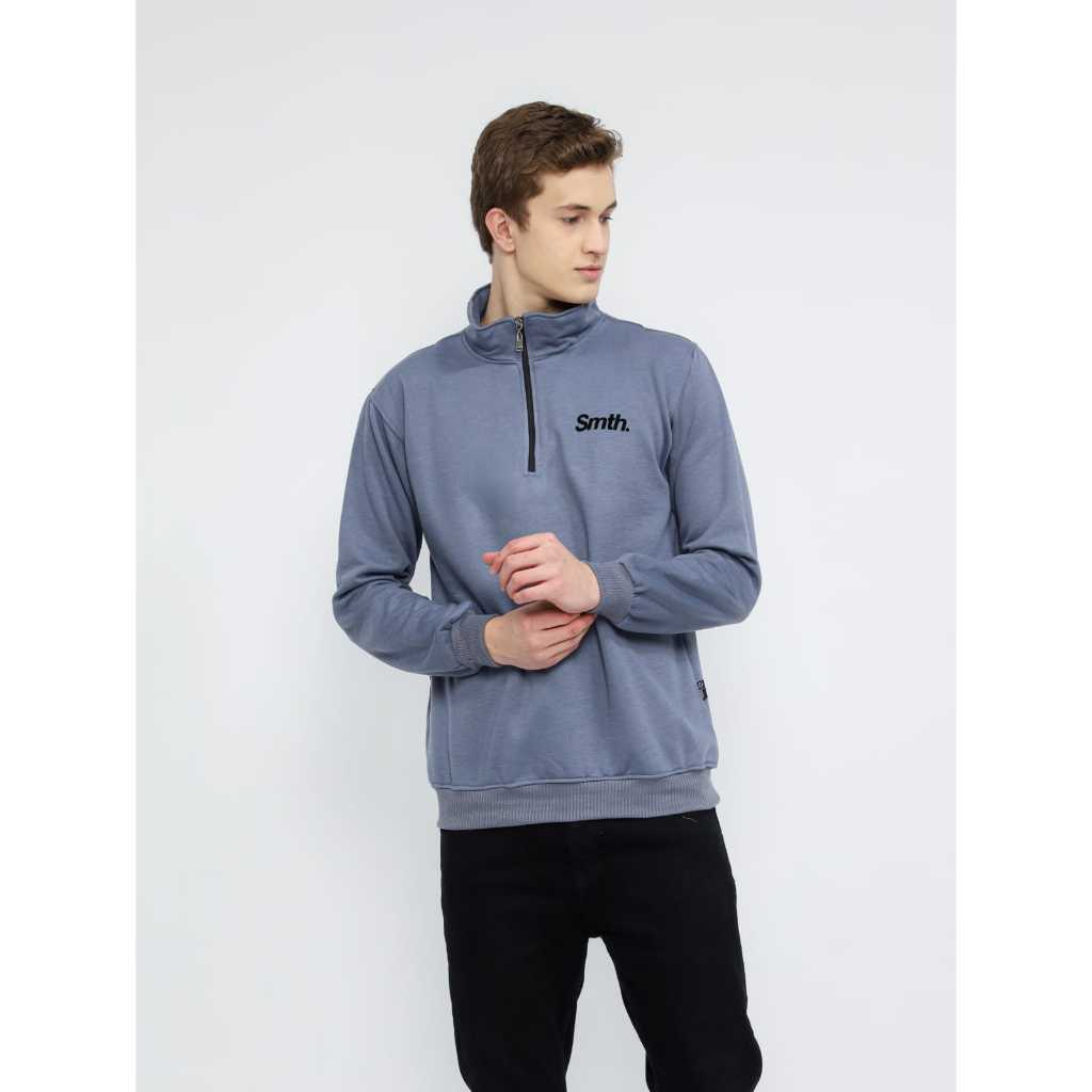 JAKET SWEATER HALZIP LEHER TINGGI PRIA CASUAL / SWEATSHIRT DENIM TEKS SMITH UNISEX