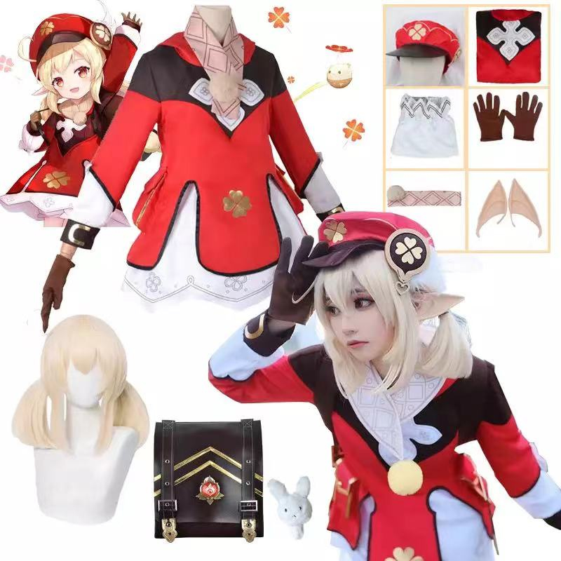 Genshin Impact Klee Cosplay Costumes Klee Wigs Backpack Loli Elven Ears Party Outfit Uniform Women