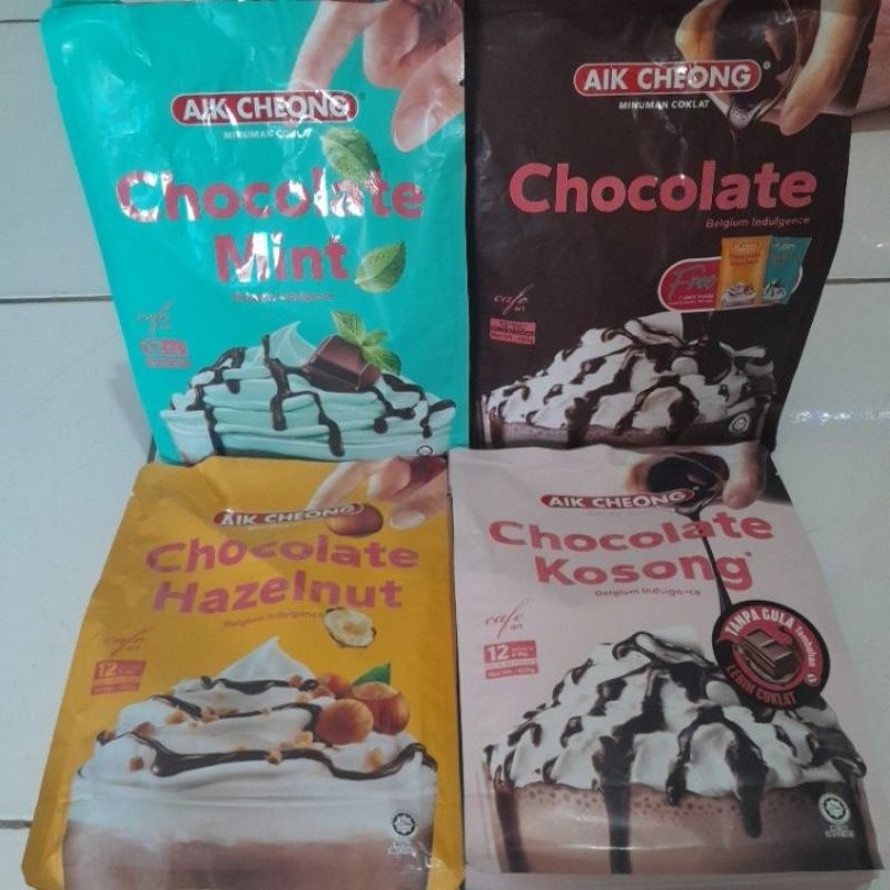 

AIK CHEONG CHOCOLATE HAZELNUT / CHOCOLATE MINT / CHOCOLATE ORIGINAL / CHOCOLATE KOSONG ISI 12SACHETS