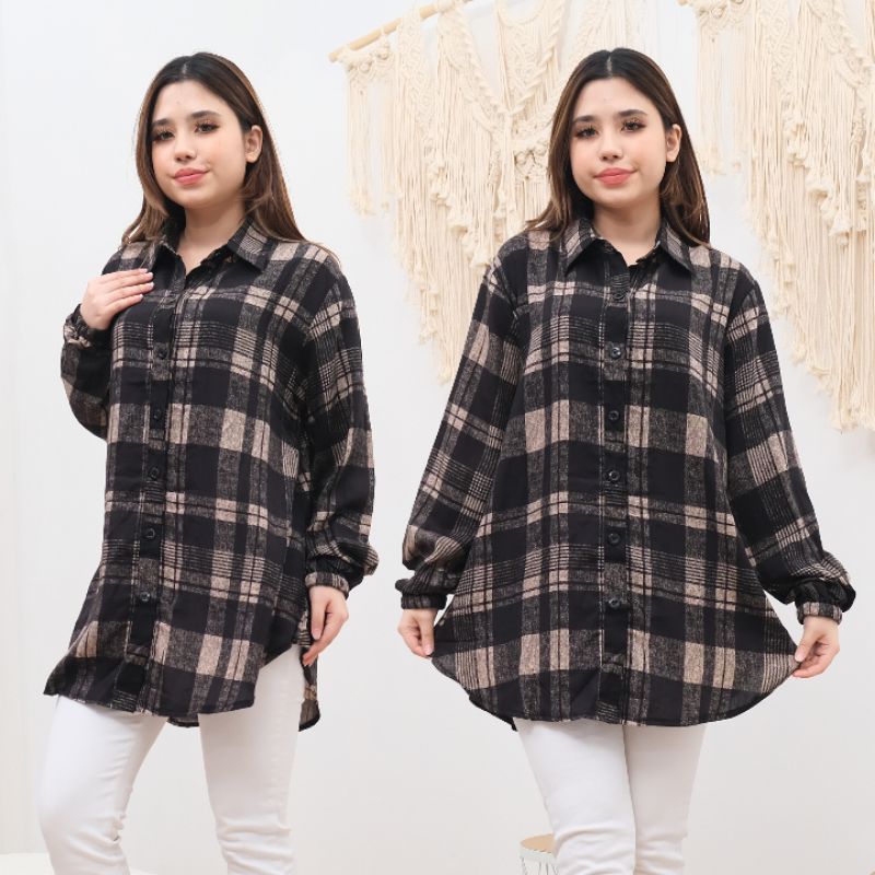 Semi-Tunik Kemeja Wanita Bahan Rayon Premium Motif Kotak Ld 110cm & Ld 120cm Oversize Lengan Panjang