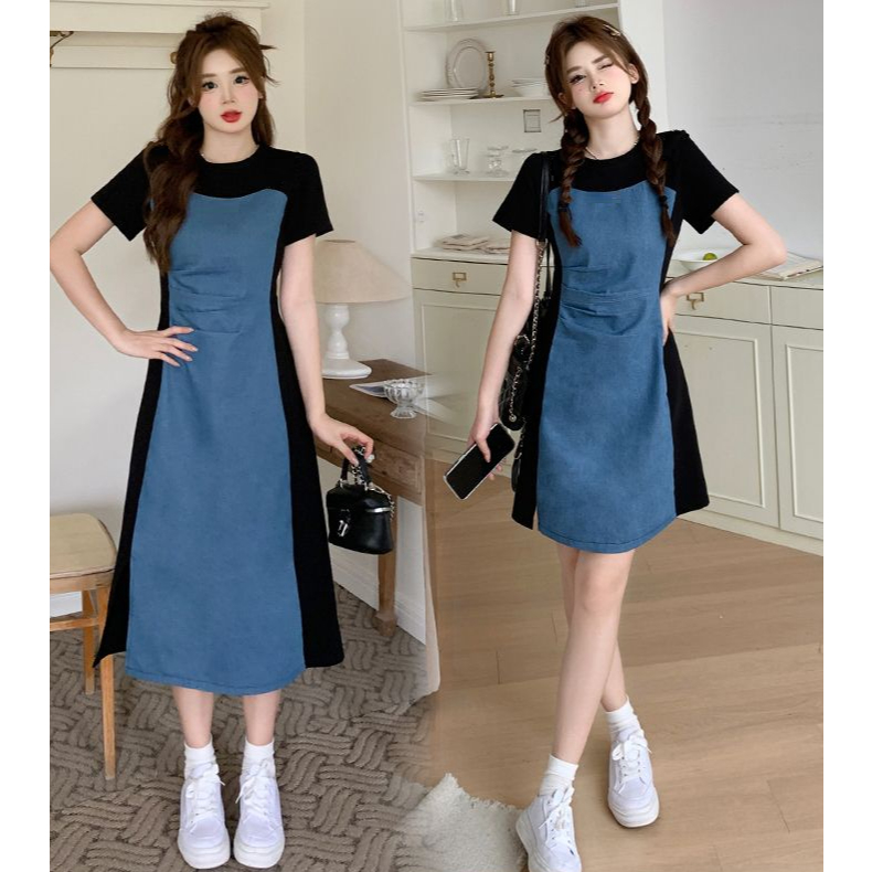 Midi Dress Scuba Kombinasi Denim - Dress Jeans Wanita Korea Kasual