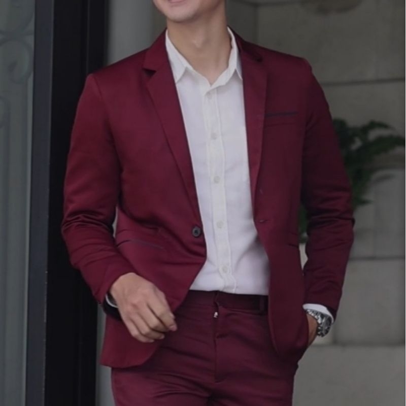 blazer pria jas pria merah maroon gelap slimfit glossy