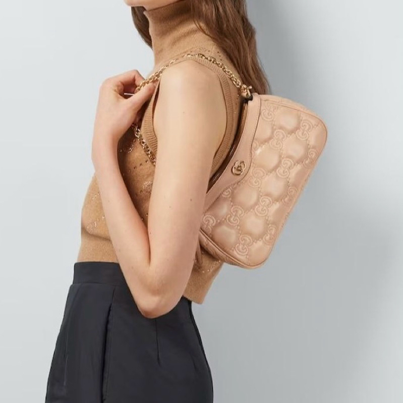 GUCCI GG Monogram Matelasse Small Chain Shoulder Bag with Wide Crossbody Strap