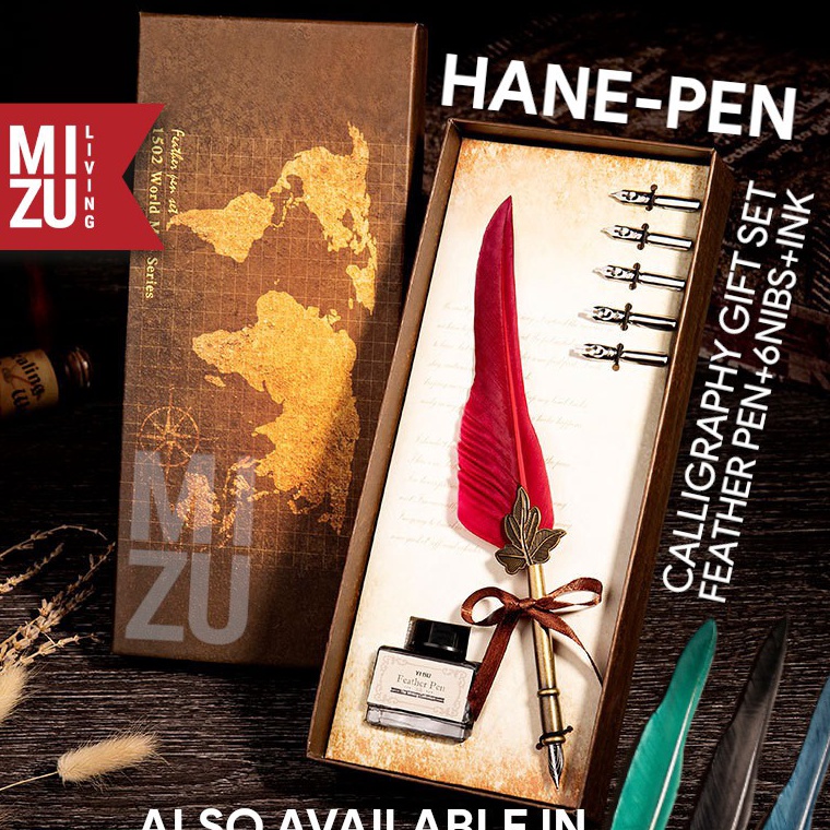 

MIZU HANEPEN Calligraphy Set Kaligrafi Feather Quill Dip Pen Bulu 6 Steel Nibs 1 Ink Tinta KODE U5C9
