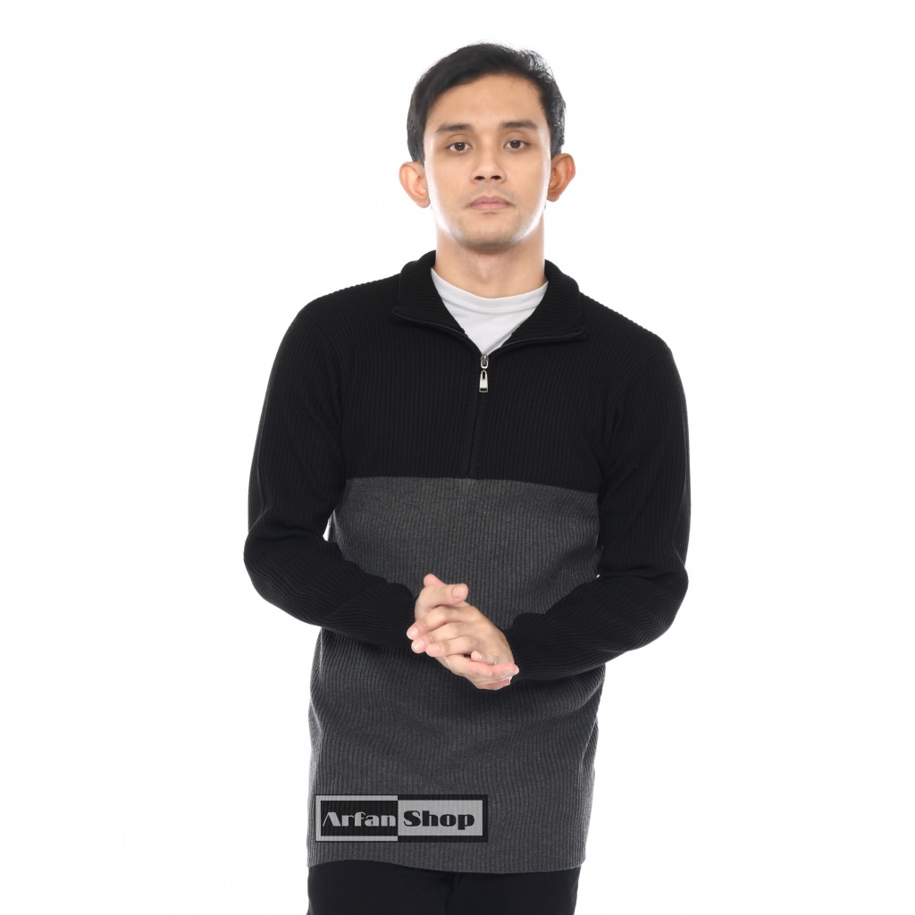 Sweater Rajut Resleting Dada Turtleneck Pria | Switer Half Zipper  Cowok Leher Tinggi Tebal
