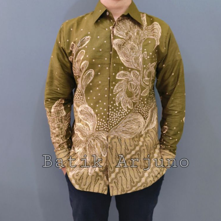 KODE C72G kemeja baju batik pria lapis furing ekslusive lengan panjang Anggrek Hijau Lumut ijo