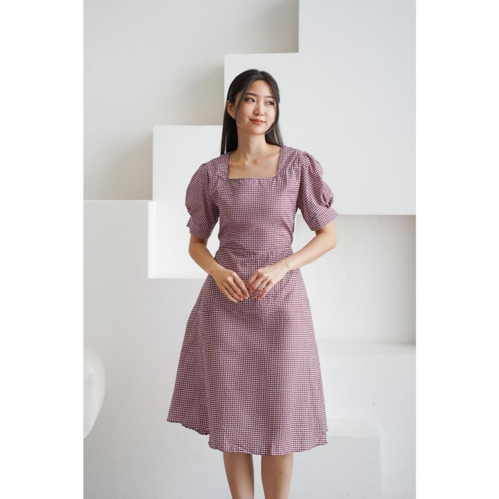 Toply shop Dres wanita korea style / Dres sqaure lengan puff / Dres ginela kotak kotak