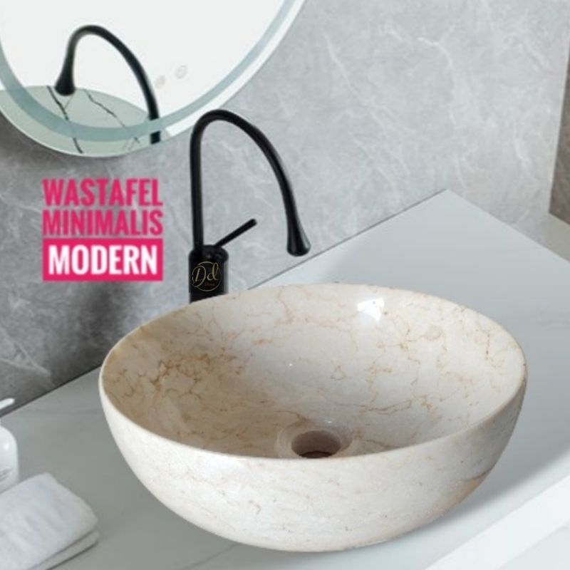 Wastafel marmer bowl | Bibir tipis Aesthetic | Cucitangan minimalis | Free packing kayu