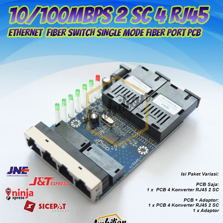 Konverter Ethernet Switch 4 Rj45 2 SC Fiber 1  1M PCBA Fiber Optik v U3U5