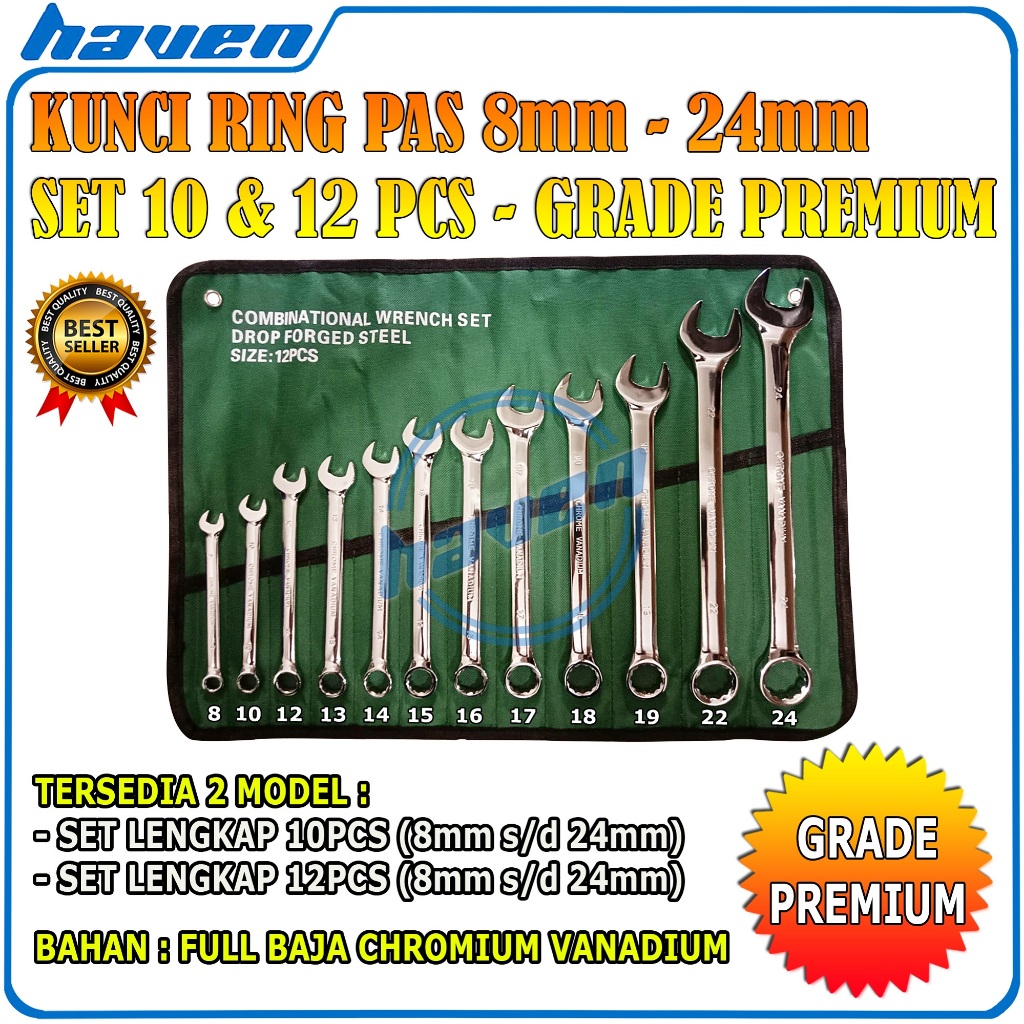 Kunci Ring Pas Set Pas 8-24mm Set 12 PCS Kunci Ring Pas Set Tools Set Kunci Ring Pas 8-24mm Alat