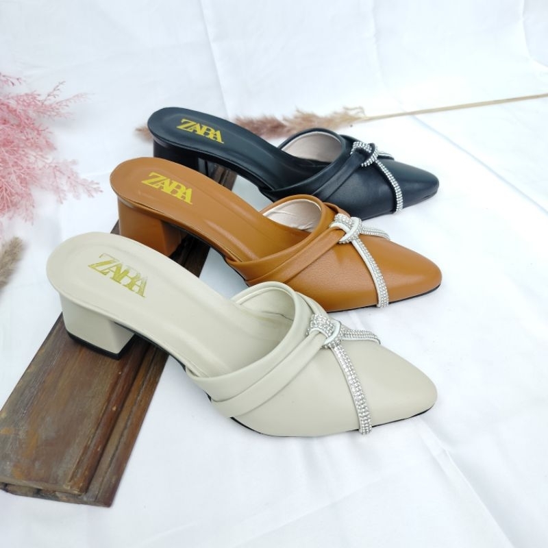 Sandal wanita kekinian mules/slop ZARA 5cm terbaru mutiara