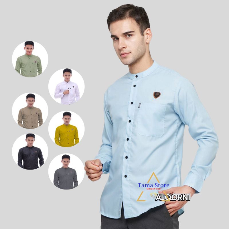 Alqorni baju koko polos pria lengan panjang kerah sanghai kemeja muslim tangan panjang elegan kemko 
