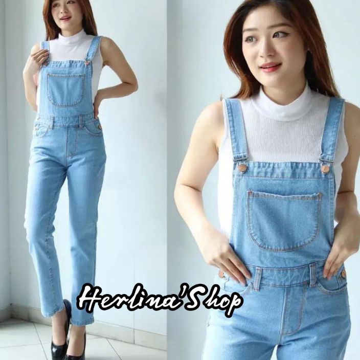 Kilat Jumpsuit Jeans Stretch Baju Kodok Celana Panjang Wanita Dewasa