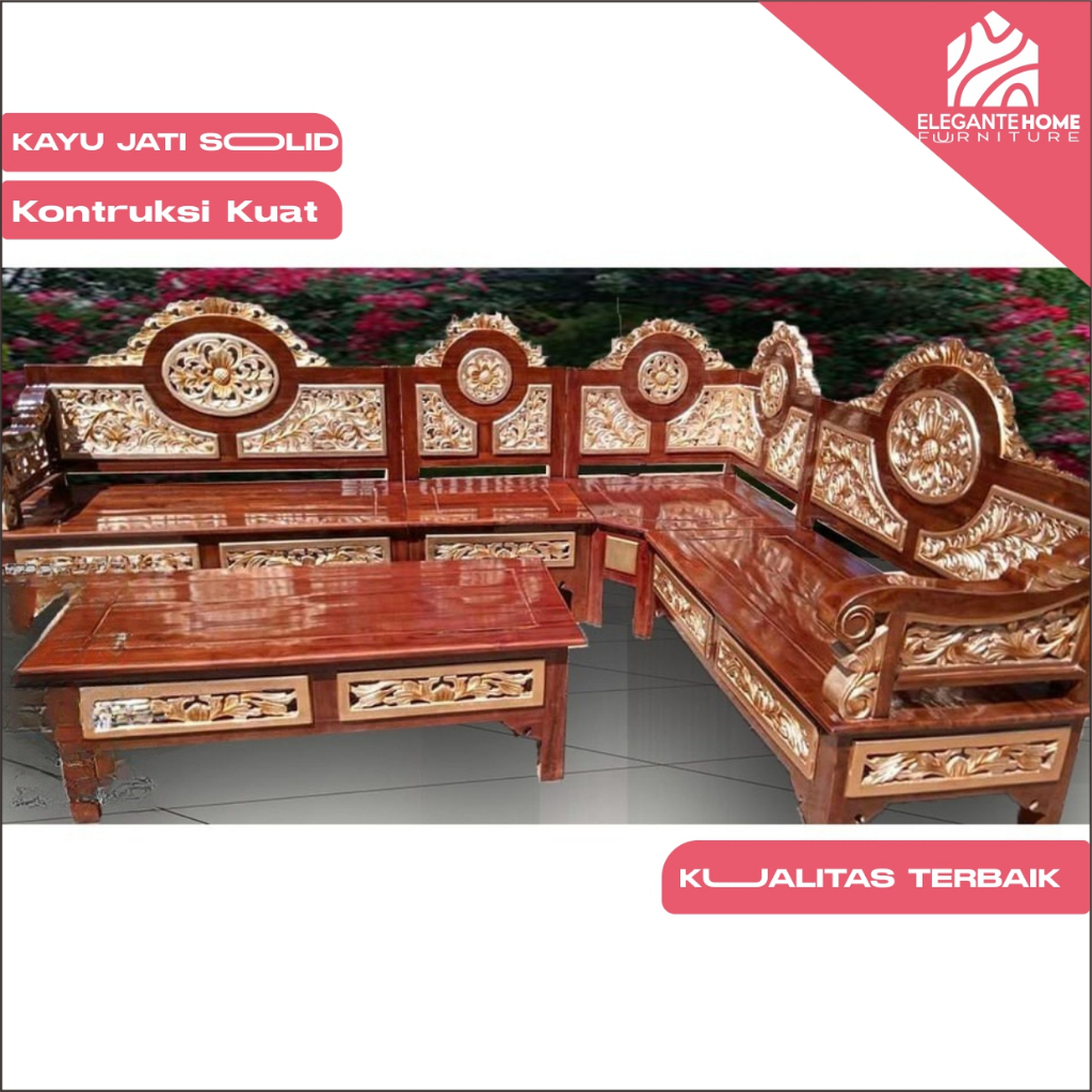 kursi tamu kayu jati kursi sudut kursi ruang tamu model nampan ukiran Jepara full kayu Jati mentahan