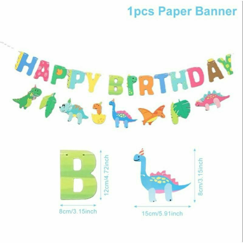 Banner happy birthday karakter hewan dinosaurus dinosaurs jungle zoo jurrasic baner bunting flag gar