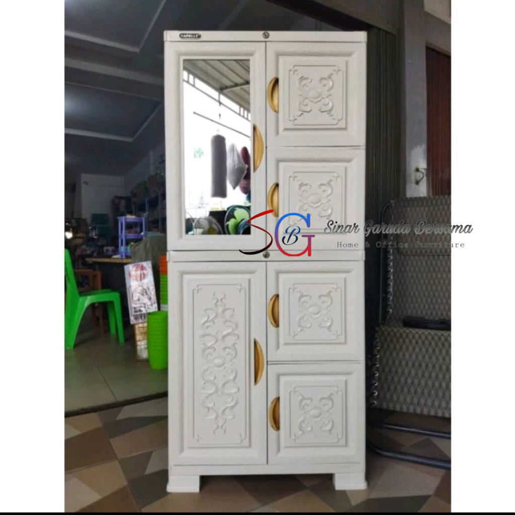 LEMARI PAKAIAN PLASTIK FULL RAK + KACA UKIRAN BALI / LEMARI BAJU ANAK KOS ANTI AIR ANTI JAMUR ANTI R