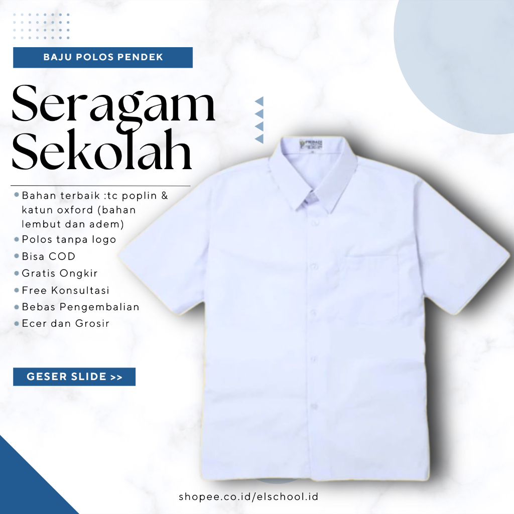 El School - Baju Seragam Atasan Hem Kemeja Polos Tangan Pendek SD MI SMP SMA Laki Perempuan
