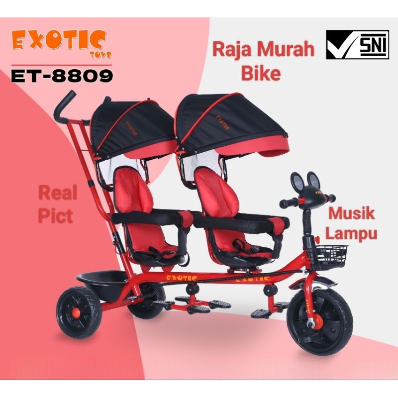 Sepeda Anak Roda Tiga Kembar Exotic ET-8809 Sepeda Roda Tiga 2 Kursi Exotic ET8809