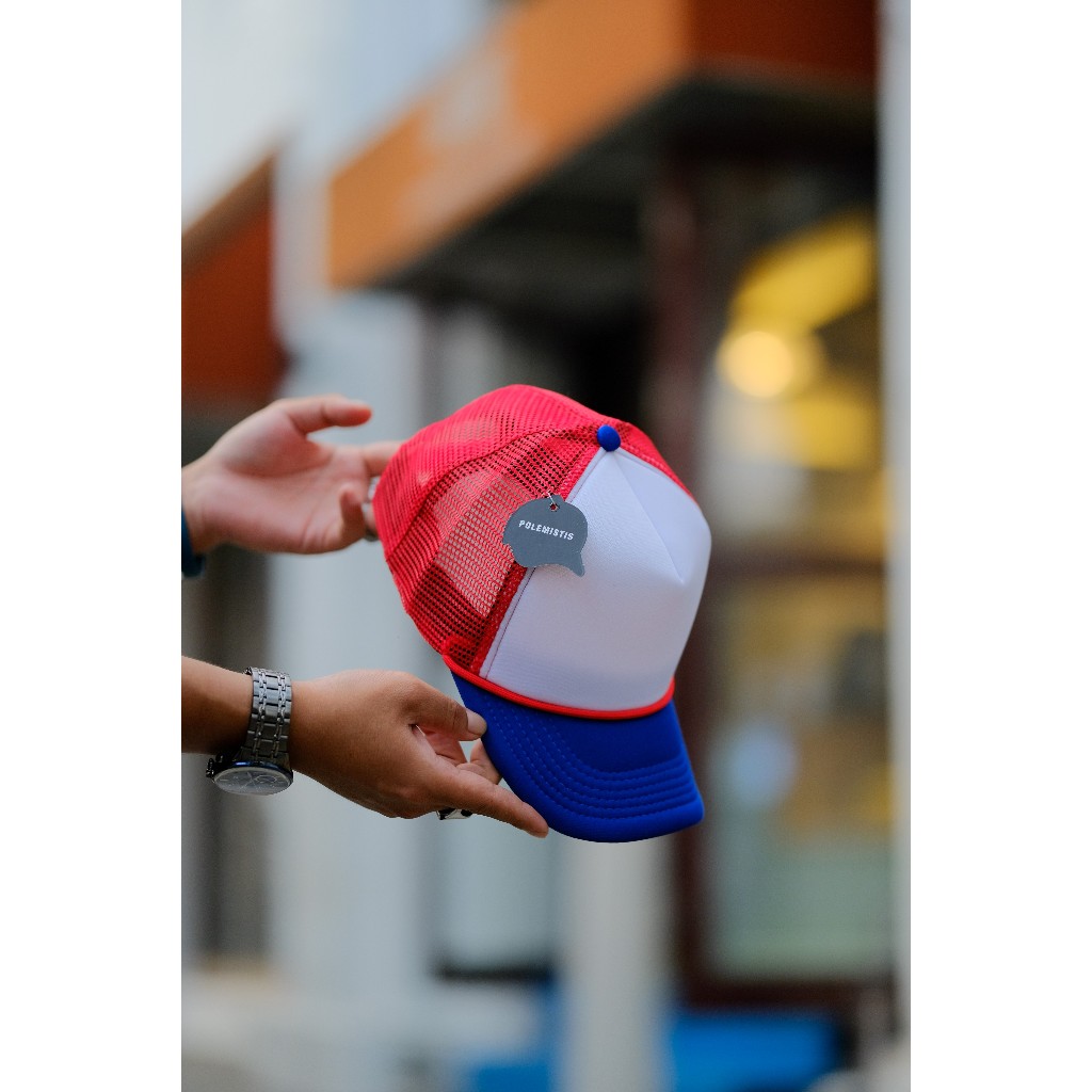 Topi Jaring Tali Polos Premium BIRU PUTIH MERAH