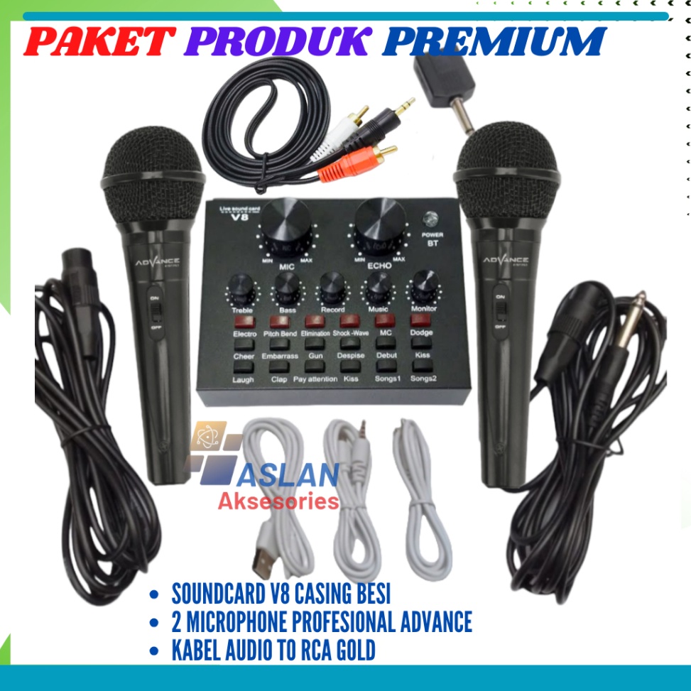 Paket Lengkap Alat karaoke di rumah Soundcard Bluetooth V8 Audio USB External live Broadcast Mic Adv