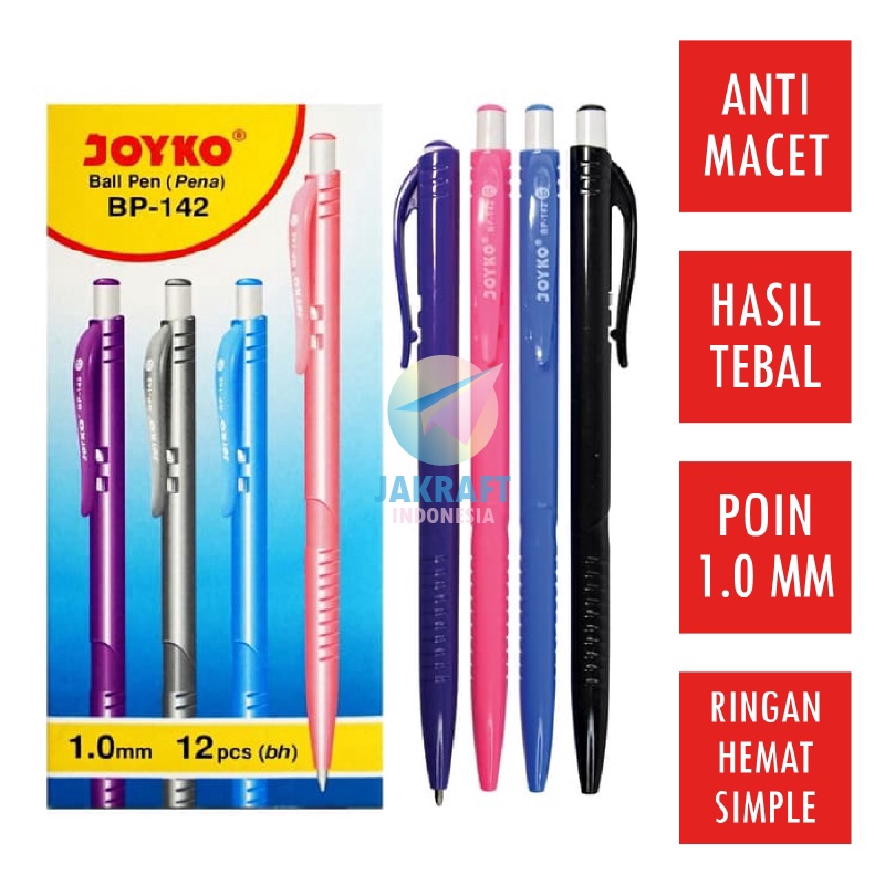 

LANGSUNG ORDER GAN 12 Pcs Pulpen Bolpen Pen Klik JOYKO BP142 Hitam Black Tebal 1 mm Warna Warni