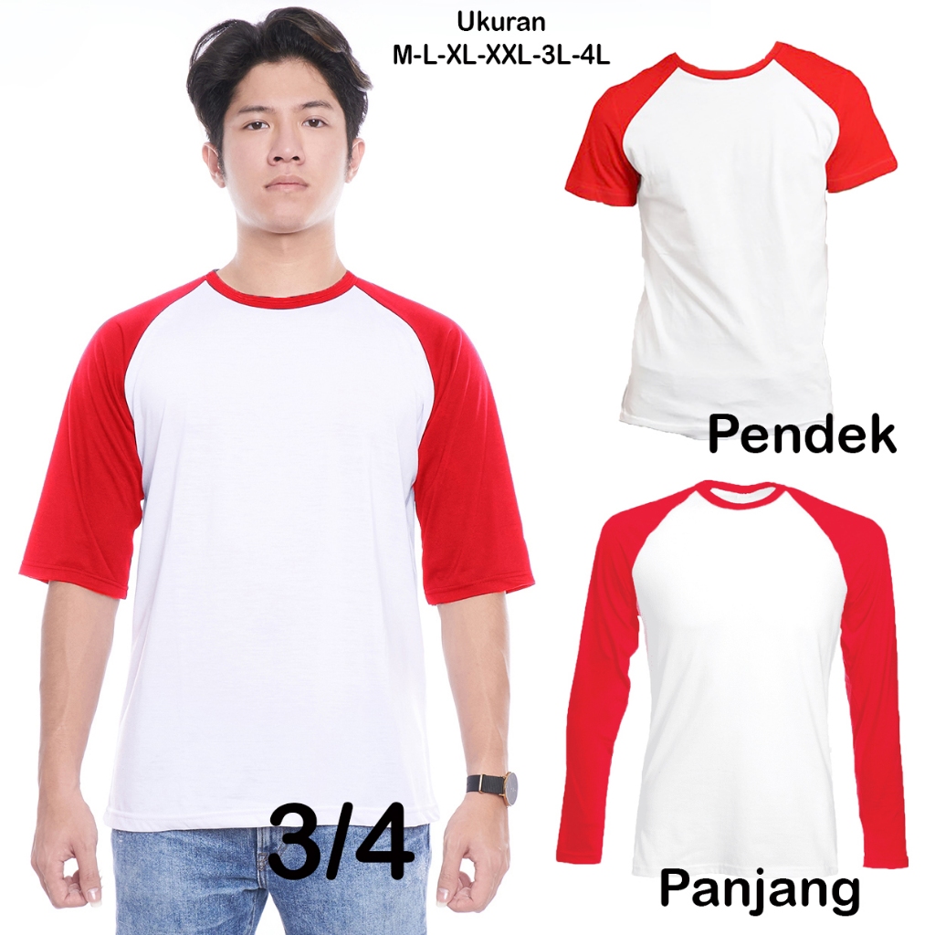 Kaos Raglan Putih Merah Cabe Lengan Pendek | 3/4 | Panjang