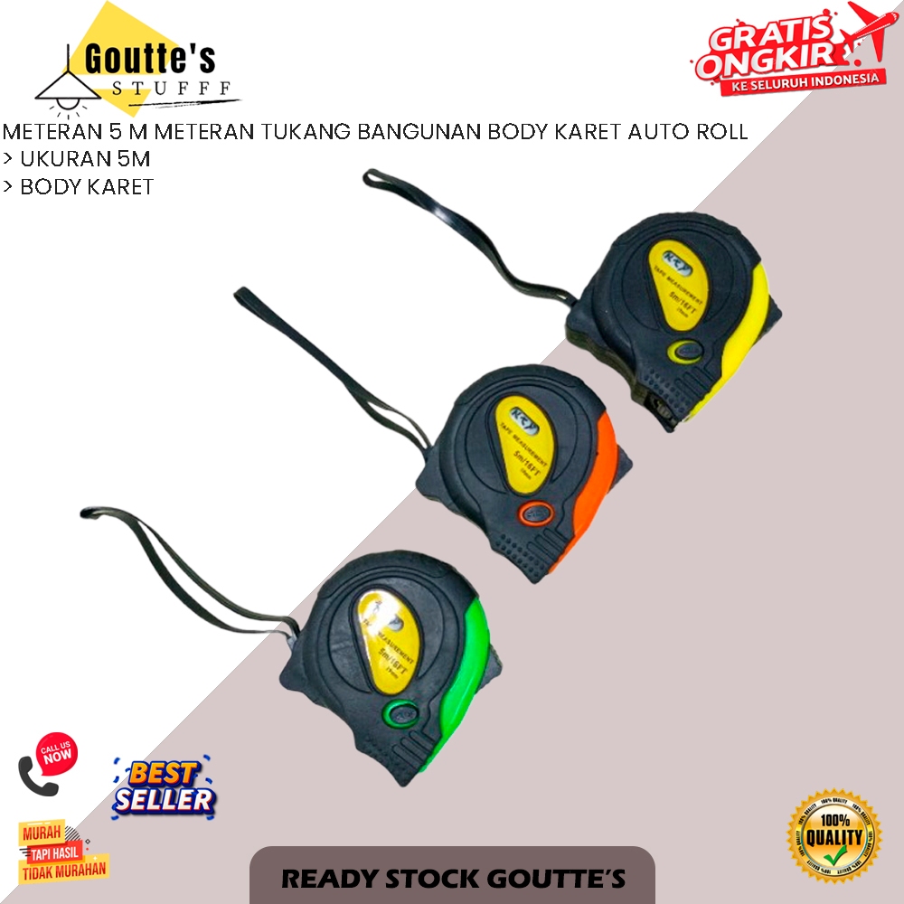 METERAN 5 M METERAN TUKANG BANGUNAN BODY KARET AUTO ROLL