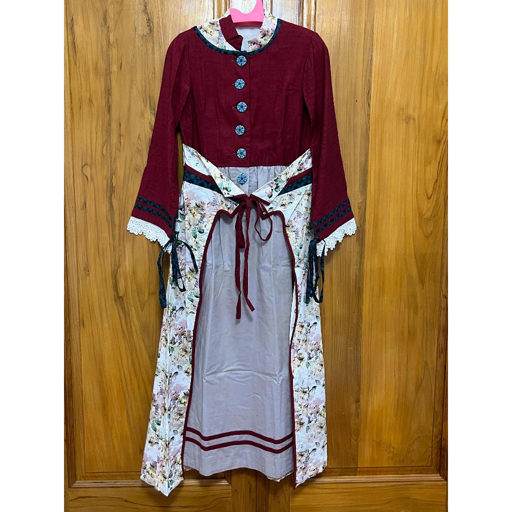 Preloved Tunneca tunik ori long dress muslim - warna merah motif bunga  (bekas/second)