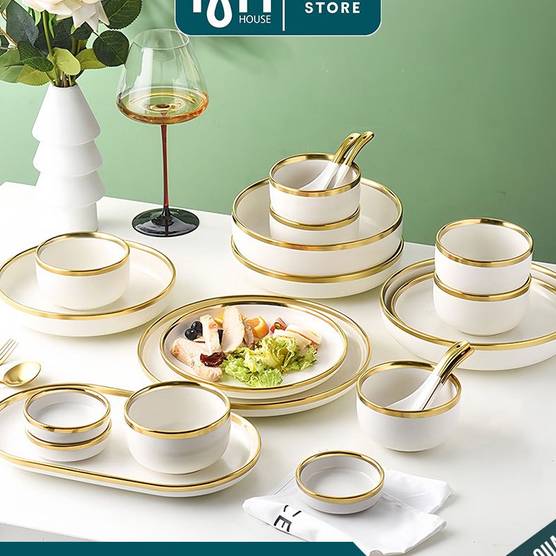 Cashback INMINDHOUSE Piring Makan Keramik Putih Gold  Piring Putih Keramik List Gold  Mangkuk Kerami