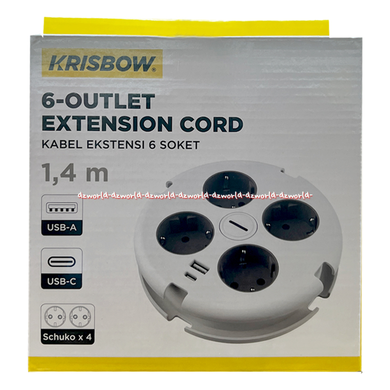 Krisbow 6-Outlet Extension Cord 1.4m Kabel Ekstensi 4Lobang Colokan Model Bulat Around Dengan Usb A 