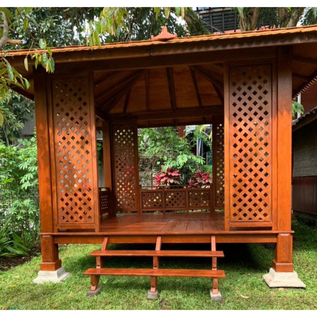 Gazebo Model Kerawangan Bahan Kayu Kelapa Atap Sirap Kayu Ulin | Rumah Joglo | Mushola Kayu
