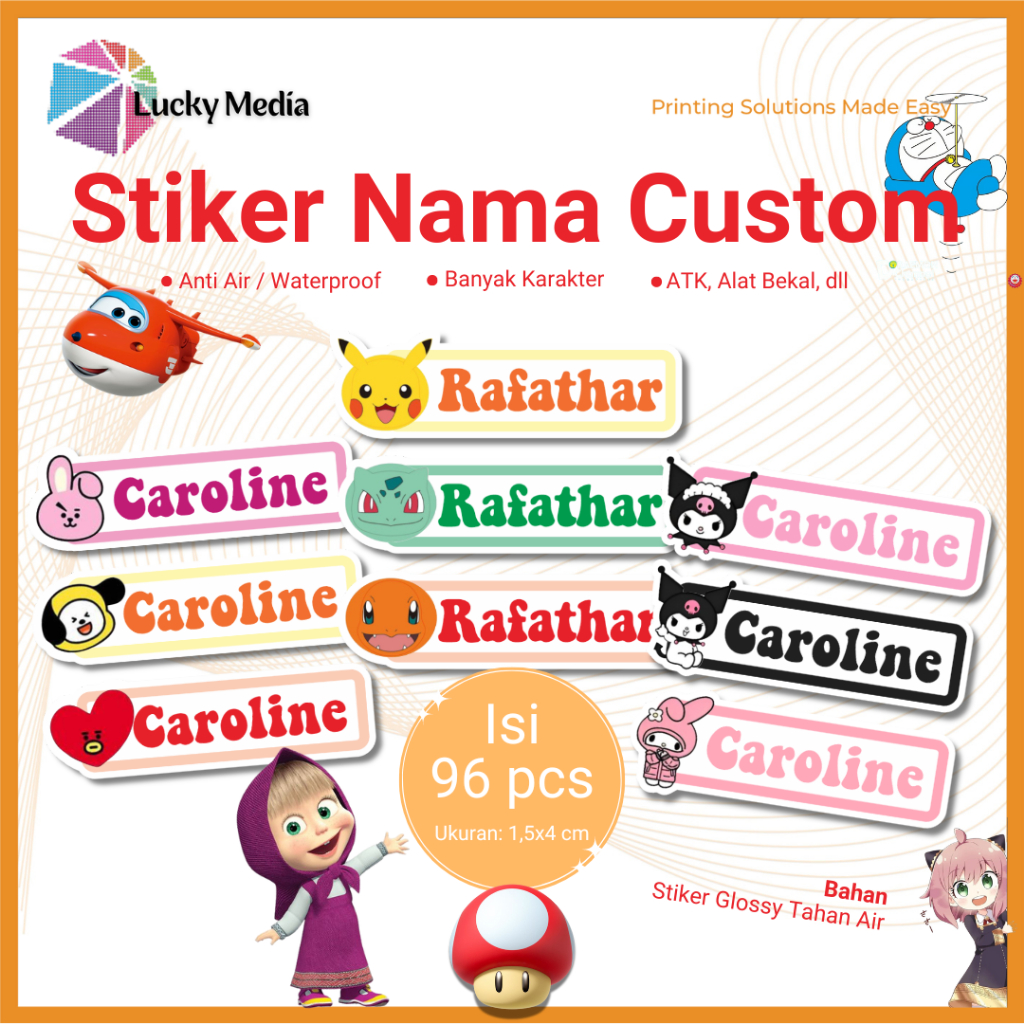 

Sticker Label Nama Custom 48 / 96 pcs Waterproof Tahan Air Stiker Nama Anak Buku Sekolah SD Bekal