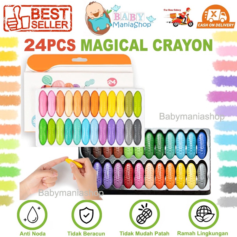 

KODE U4W7 Magical Crayon 12 pcs 24 pcs Crayons Bayi Anak Peanut Yplus UK Mudah Dihapus Tidak Mengotori Tangan