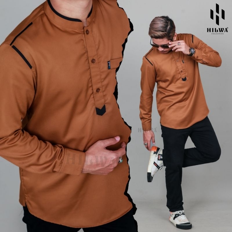 Baju Koko Kurta Melayu Pria Warna Mocca HILWA COLLECTION Lengan Panjang Size S M L XL XXL XXXL Jumbo