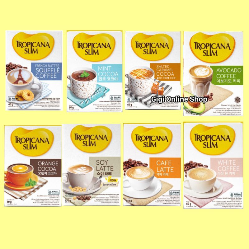 

Tropicana Slim Minuman Bebas Gula Sachet Mint Cocoa Souffle Latte Salted Caramel Cocoa Orange Avocado Coffee White Cafe Latte Soy 56 60 140 150 gr