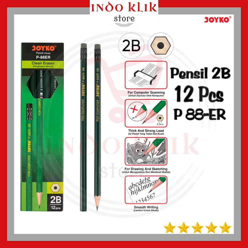 

Pensil kayu penghapus joyko 2B P-88ER / Pensil sekolah p 88 ER hijau murah