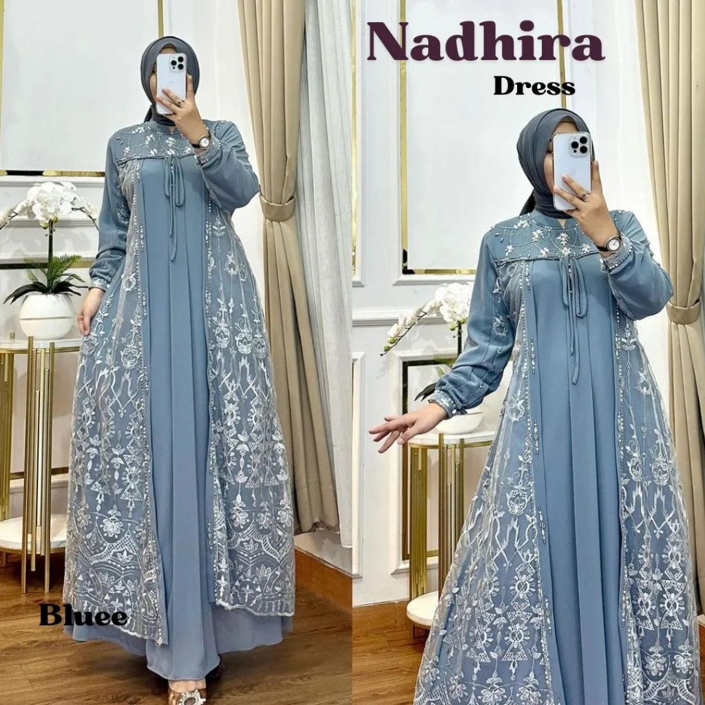 Nadhira Dress Baju Dress Wanita Model Kekinian Bahan Ceruty Babydoll Mix Brukat Aplikasi Mutiara ERF
