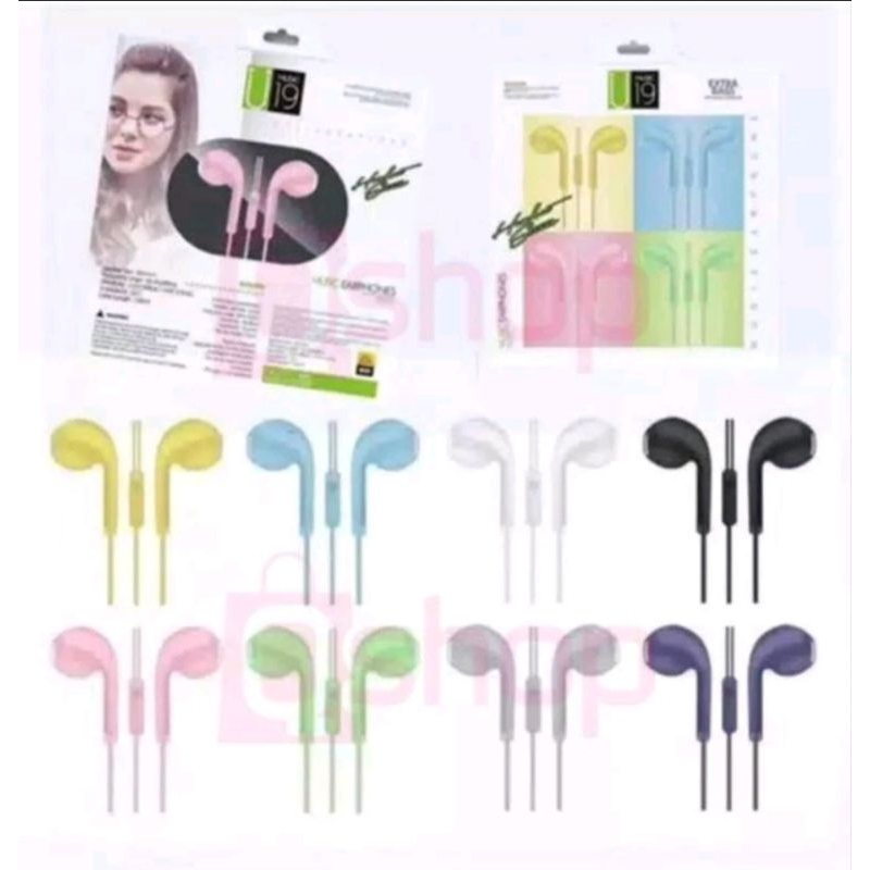 headset stereo U-19+mic macaron for ALL HP android hifi EXTRA BASS  Earphone warna Biru Hitam Kuning