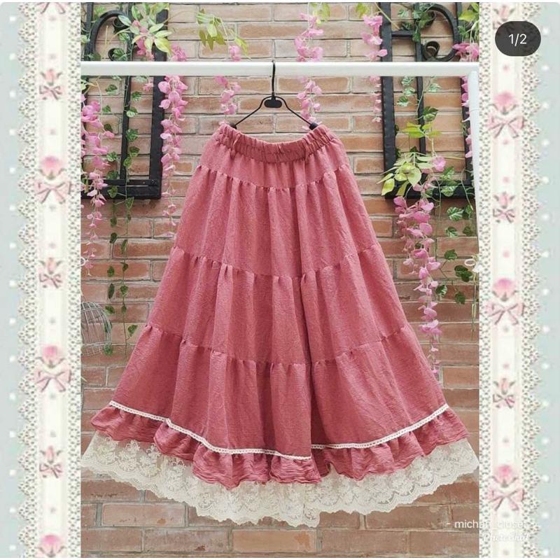 preloved rok renda pink rok cantik