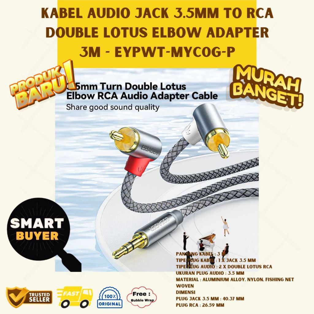 Kabel Audio Jack 3.5mm to RCA Double Lotus Elbow Adapter 3 Meter Siku