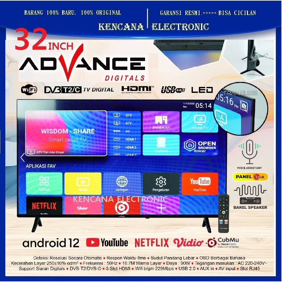 Advance Smart Tv Android 12 LED Smart +Digital TV 32 Inch.Netflix.WIFI.HDMI.USB