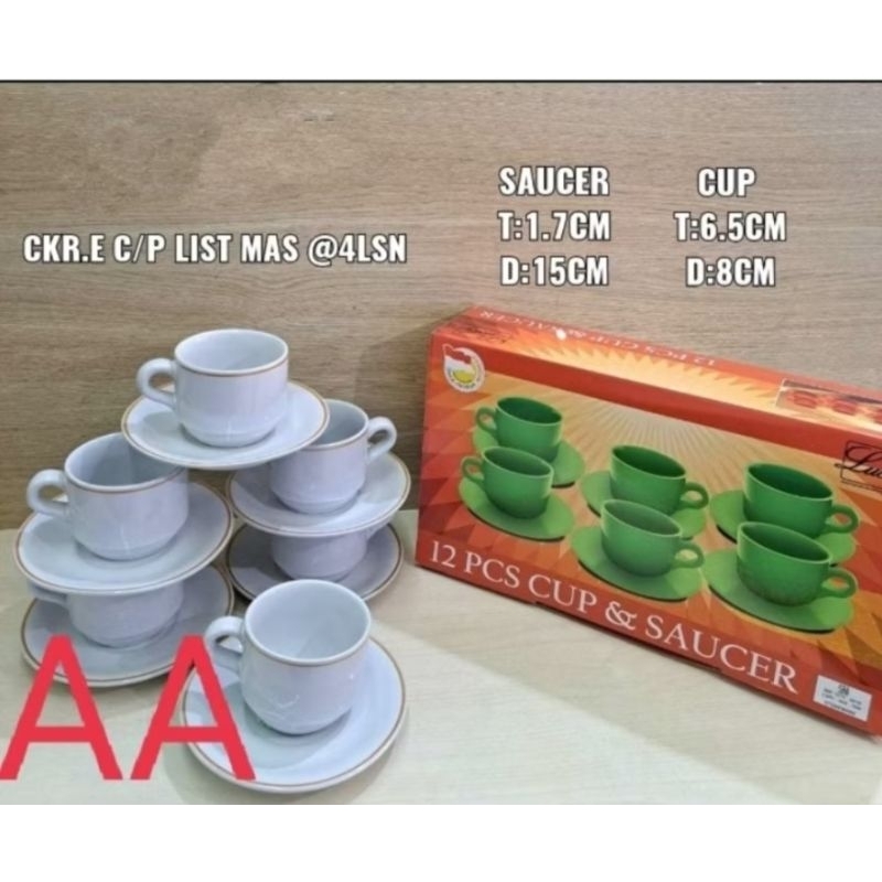 Cangkir gelas Lepek Keramik 8.1 Sw motif LISTMAS 12pcs PUTIH Cangkir set Lucky 12pcs cup & saucer/ C
