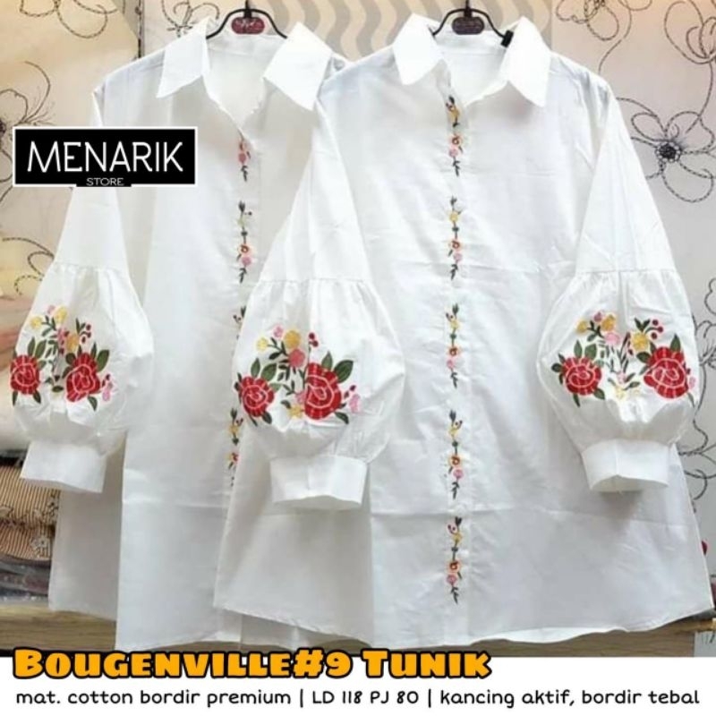 Tunik Bordir Bunga Putih wanita Cantik Kekinian Bougenville Menarik