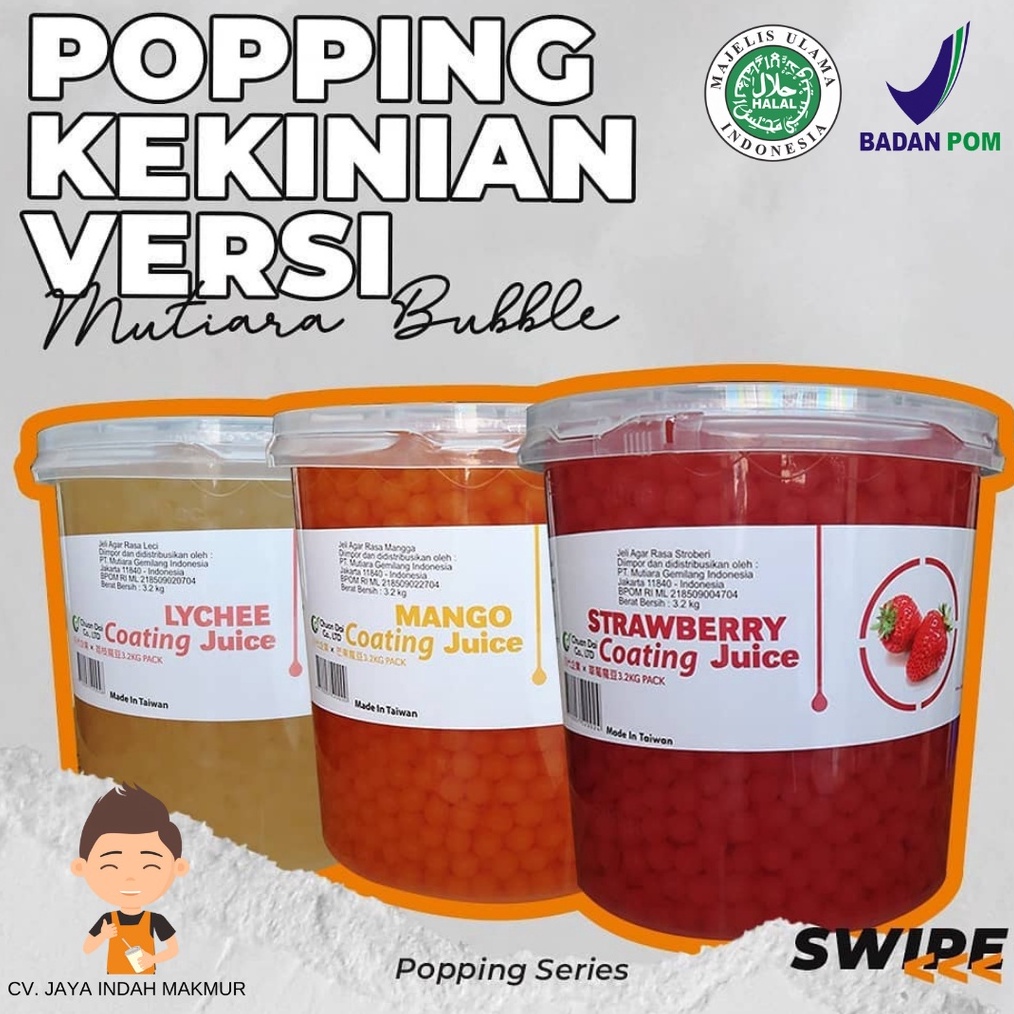 

WOW Popping BobaPoping BobbaCoating Juice Impor Taiwan 33 kg HALAL BPOM Mango Lychee Strawberry Blueberry Yogurt Brown Sugar Kiwi Lemon Passion Fruit Chocolate Coffee Apple