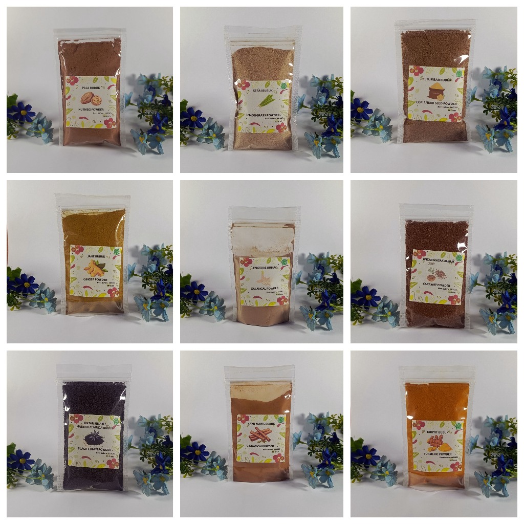 

Aneka Rempah Bubuk 50 gram - 100 gram Jahe, Pala, Kunyit, Jintan, Kayu Manis, Lengkuas, Serai dll