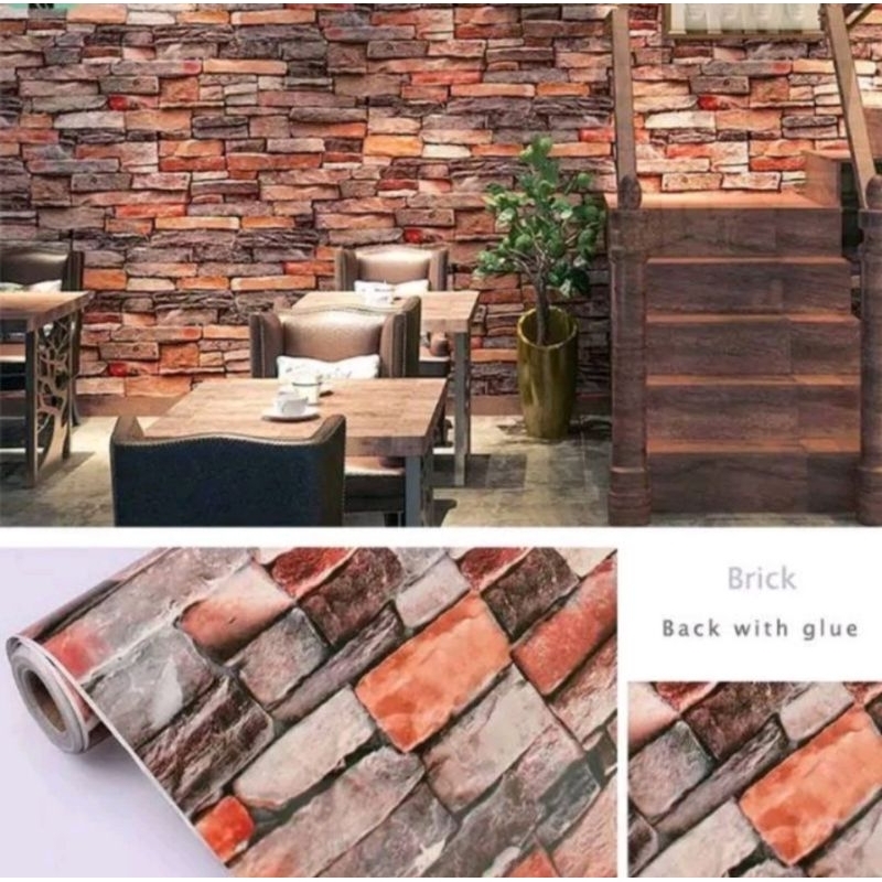 wallpaper dinding stiker batu alam coklat hitam kombinasi warna 3D